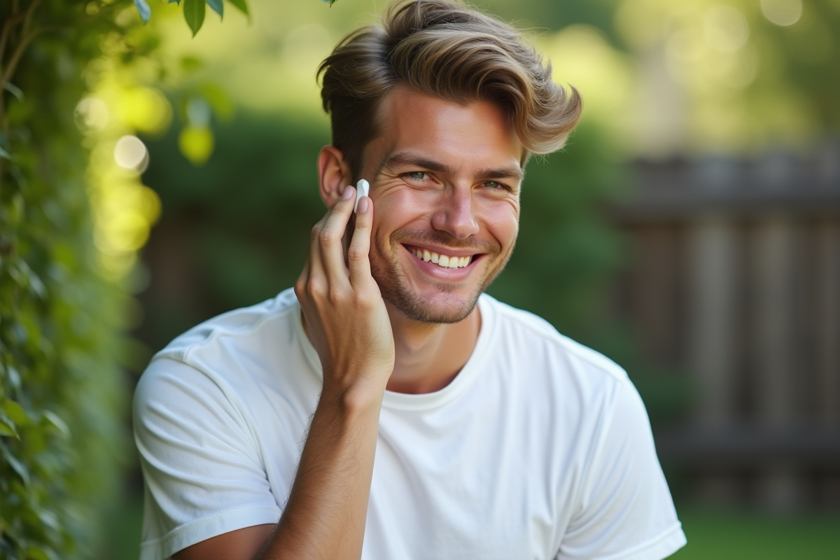 Jeune homme souriant appliquant balm visage en extérieur