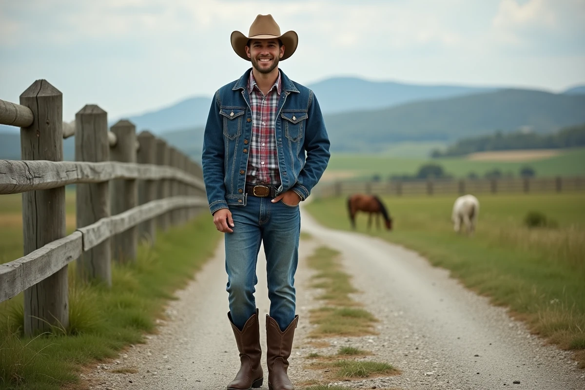 Jeune homme en cowboy boots dans un paysage rural