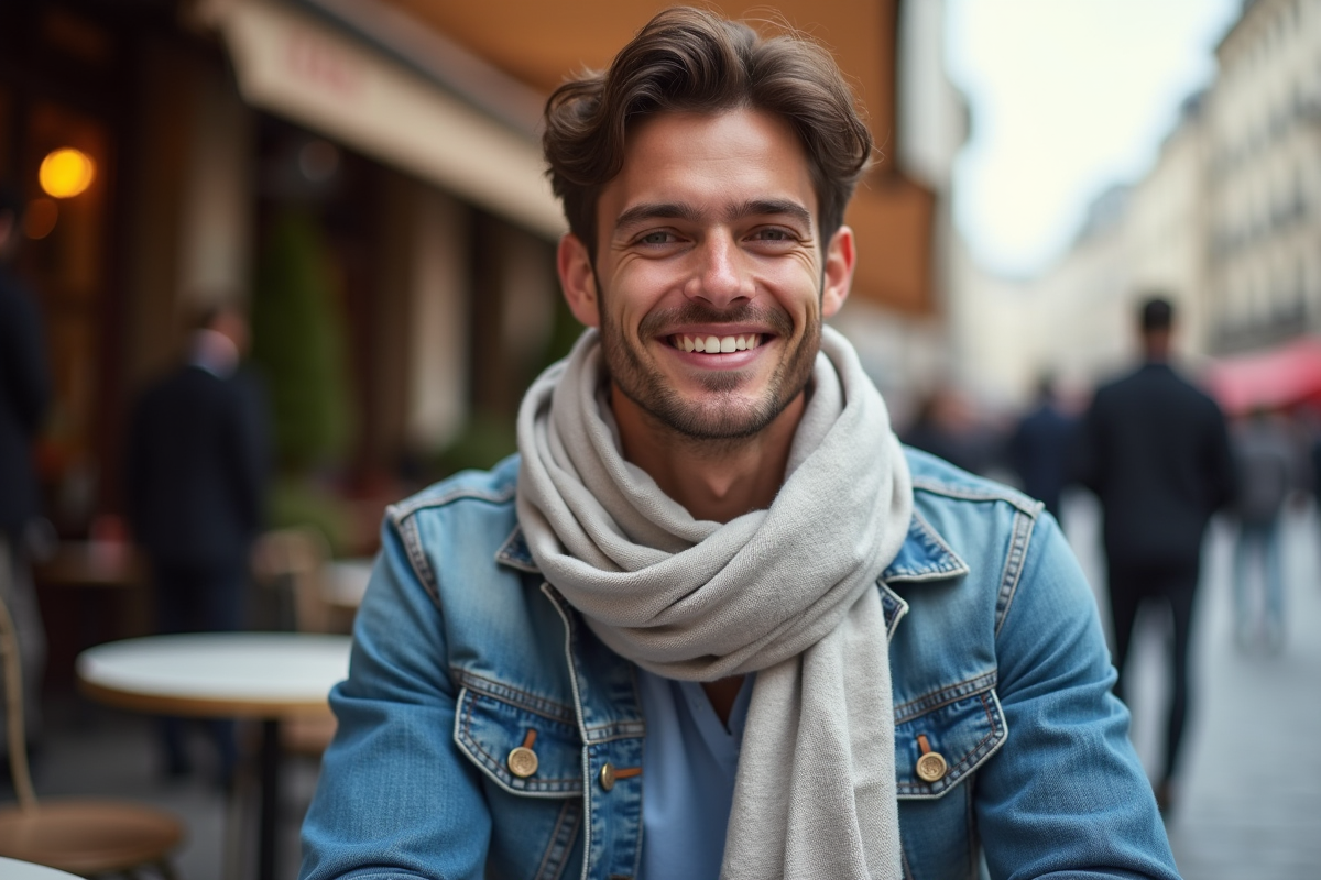 Jeune homme avec foulard en lin dans un café parisien
