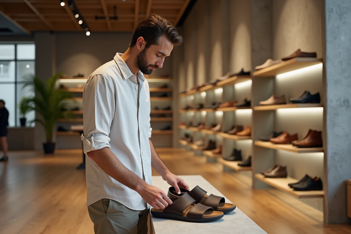 Jeune homme dans un magasin de chaussures examinant des sandales ergonomiques