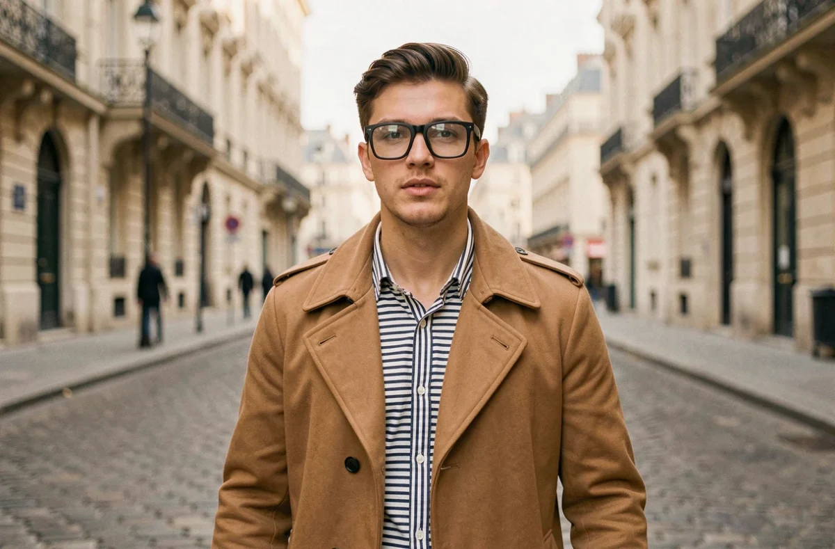 Jeune homme portant des lunettes de vue carrées géométriques noires dans une rue parisienne style street style