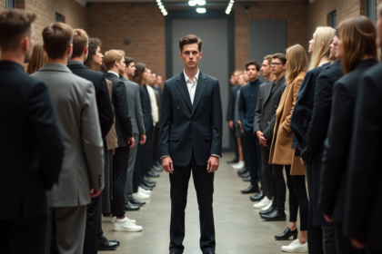 Jeune homme en costume et sneakers backstage mode