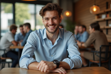Jeune homme souriant ajustant sa montre dans un café