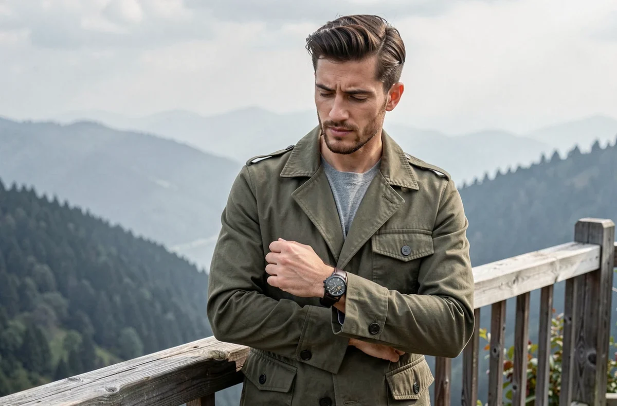 Jeune homme élégant en veste chore coat olive consultant une montre en ébène sur une terrasse montagnarde boisée