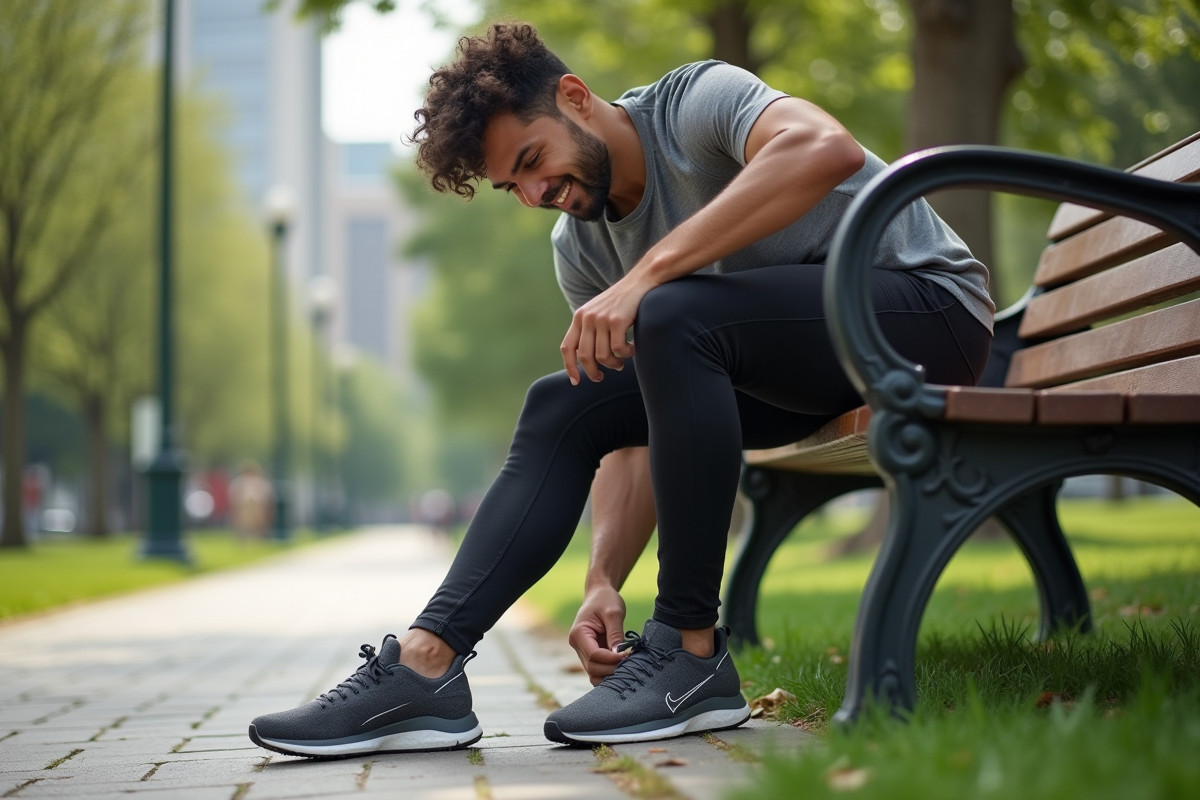 Jeune homme ajustant ses sneakers dans un parc urbain