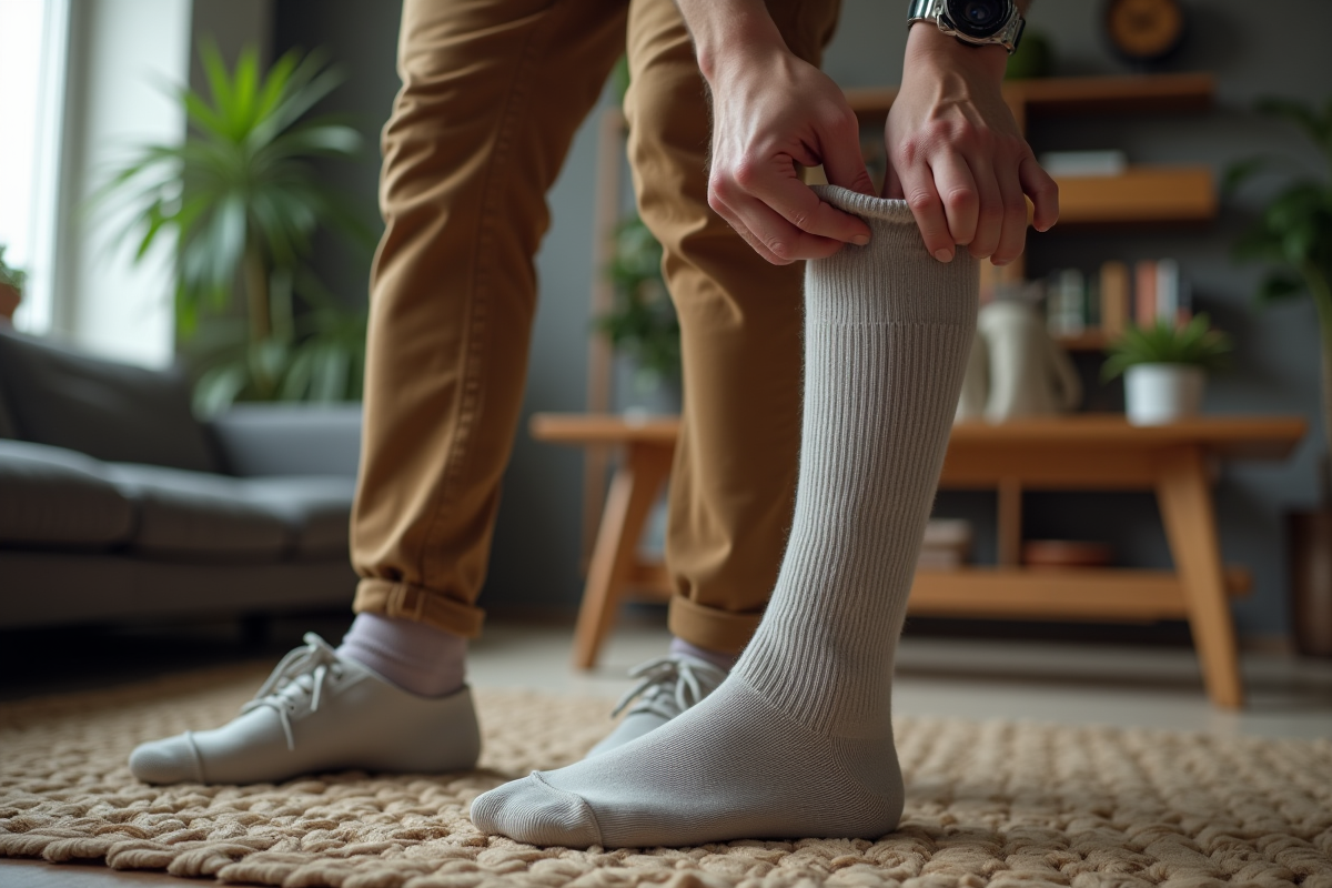 Jeune homme décontracté ajustant ses chaussettes dans le salon
