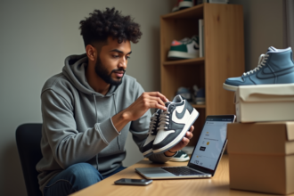 Jeune homme examine des sneakers dans un appartement moderne