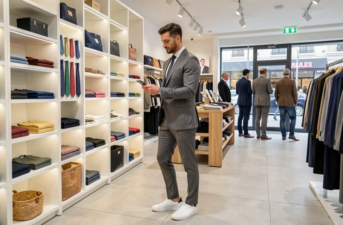 Un homme en costume gris moderne avec baskets blanches dans un magasin Jules prêt-à-porter