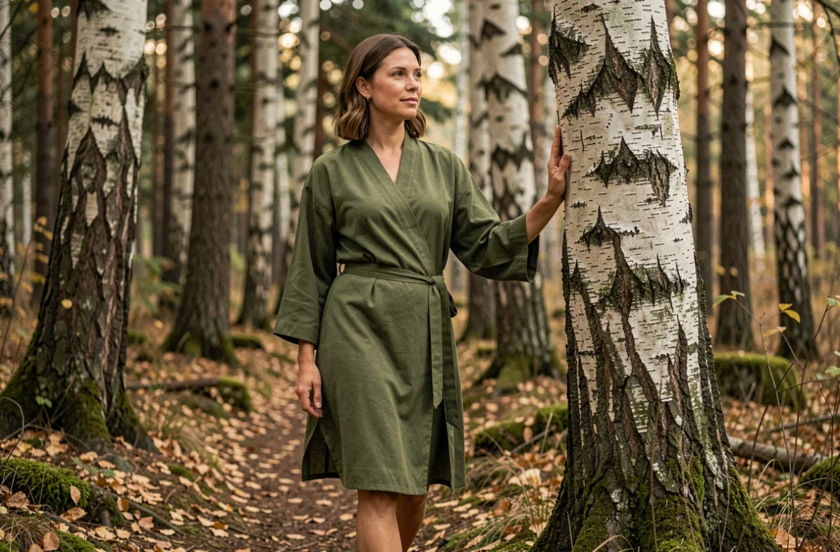 Femme en kimono court vert mousse se promenant sur un sentier forestier, la main posée sur l'écorce d'un bouleau