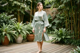 Femme portant un kimono court en soie vert sauge avec broderies florales, debout sur une terrasse en bois entourée de verdure luxuriante