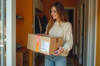 Jeune femme recevant un colis de livraison express à la porte de son appartement