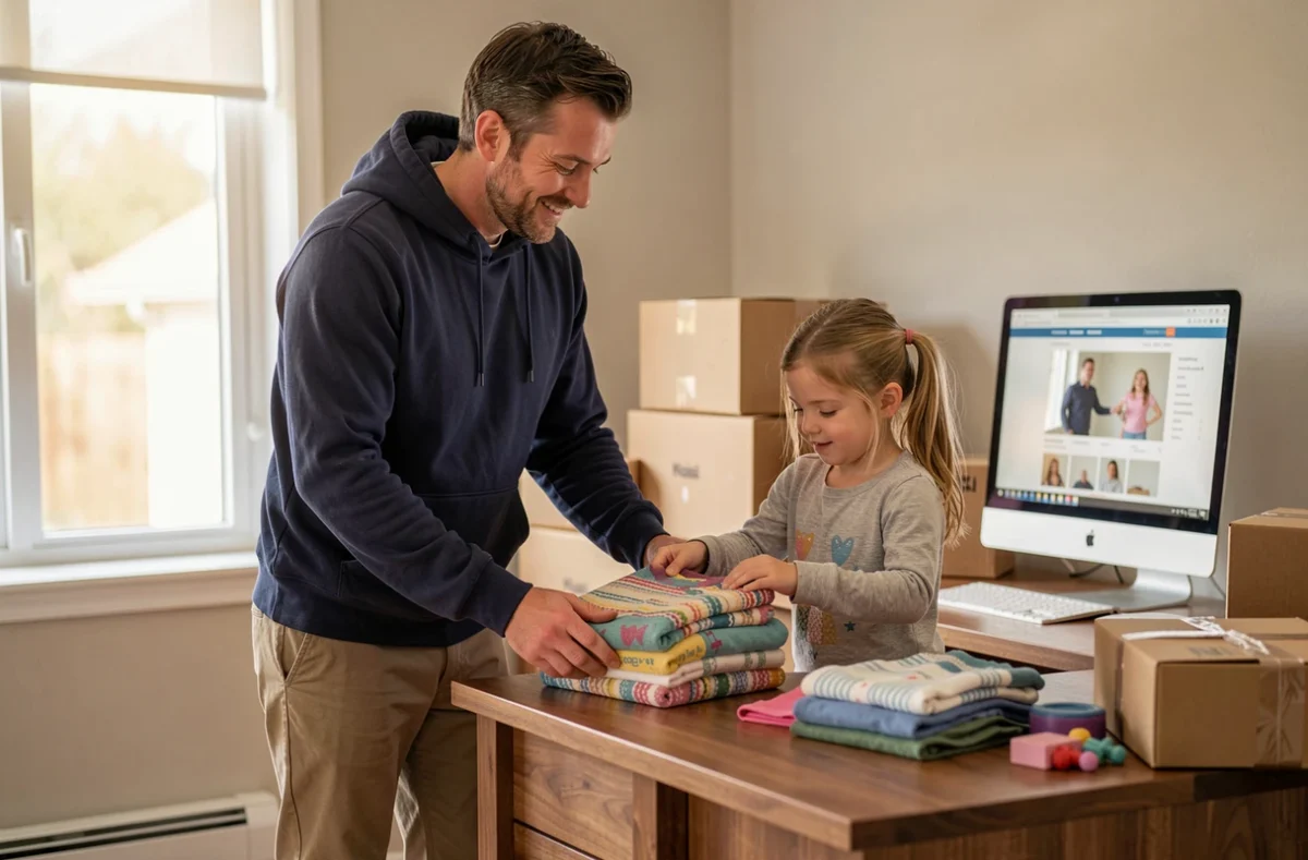 Père et fille découvrant une commande de vêtements Kiabi livrée à domicile dans un bureau familial