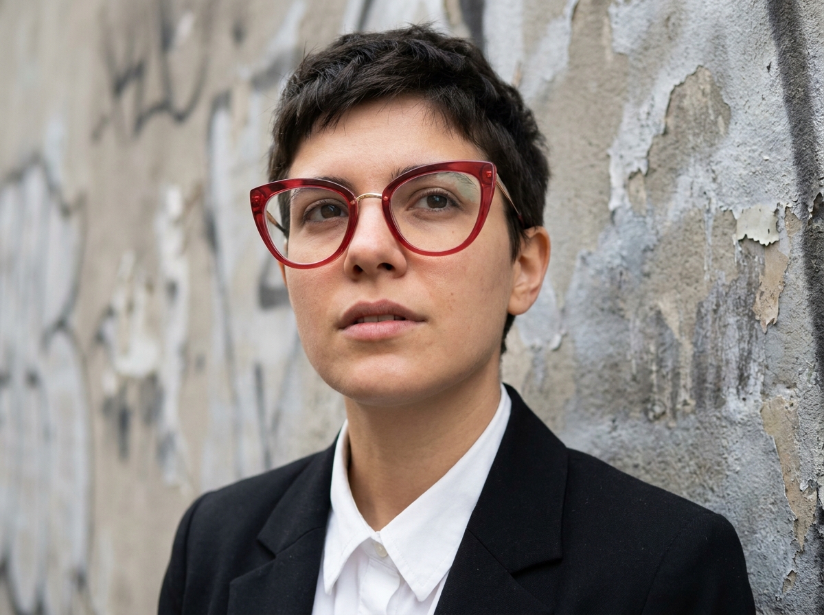 Personne portant des lunettes originales cat-eye rouges devant un mur en béton urbain