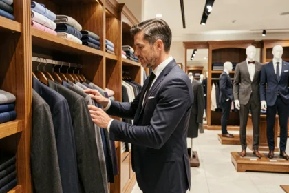 Un homme élégant parcourant des costumes dans un magasin de vêtements pour homme en Seine-et-Marne