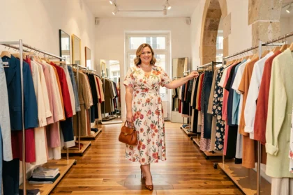 Une femme ronde souriante explore des vêtements dans une boutique mode grande taille à Bordeaux, en Gironde