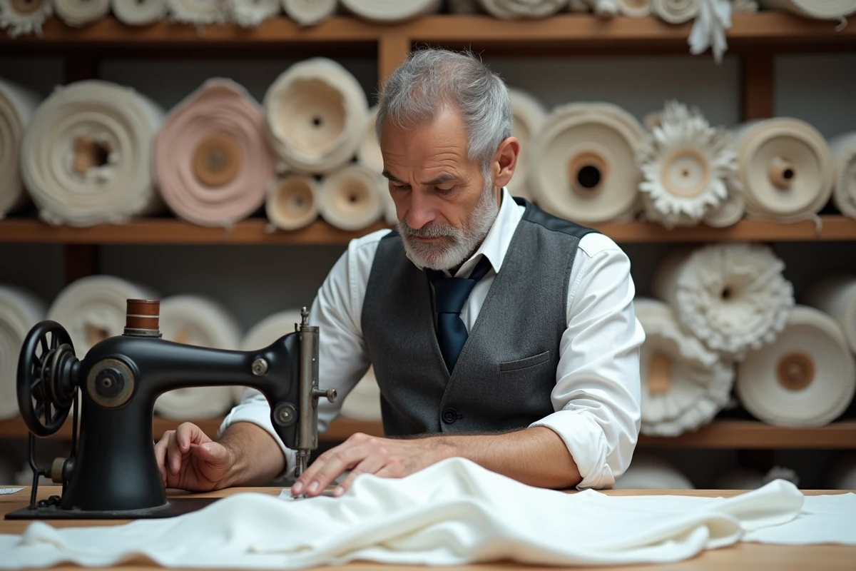 Maître tailleur cousant le corsage d'une robe de mariée sur une machine à coudre vintage dans son atelier de couture à Reims