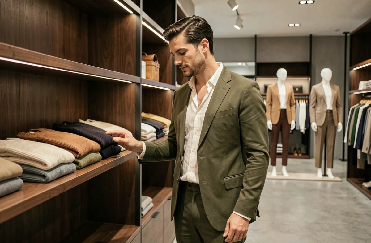 Un homme stylé en costume vert olive dans la boutique Mango Man d'un centre commercial français