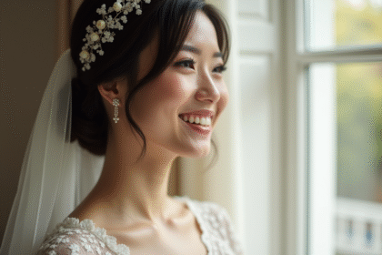 Mariée joyeuse aux cheveux courts et accessoires