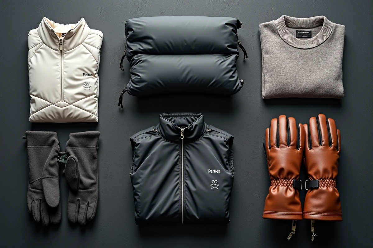 Flat lay de matières textiles haut de gamme pour vêtements de ski dont Gore-Tex, Primaloft et laine mérinos