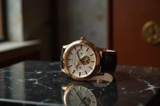 Montre de luxe mécanique Patek Philippe posée sur marbre noir, cadran guilloché et boîtier en or, photographie macro haute horlogerie