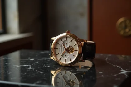 Montre de luxe mécanique Patek Philippe posée sur marbre noir, cadran guilloché et boîtier en or, photographie macro haute horlogerie