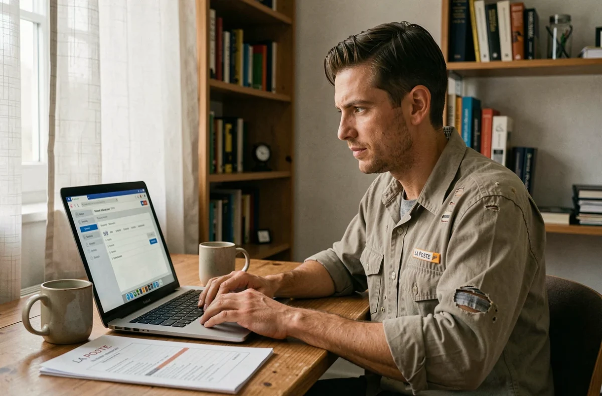 Nouvel arrivant La Poste en uniforme consultant MonEspaceHabillement depuis son domicile sur un ordinateur portable