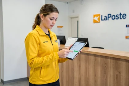 Nouvelle employée La Poste en uniforme jaune consultant le portail MonEspaceHabillement sur une tablette au guichet