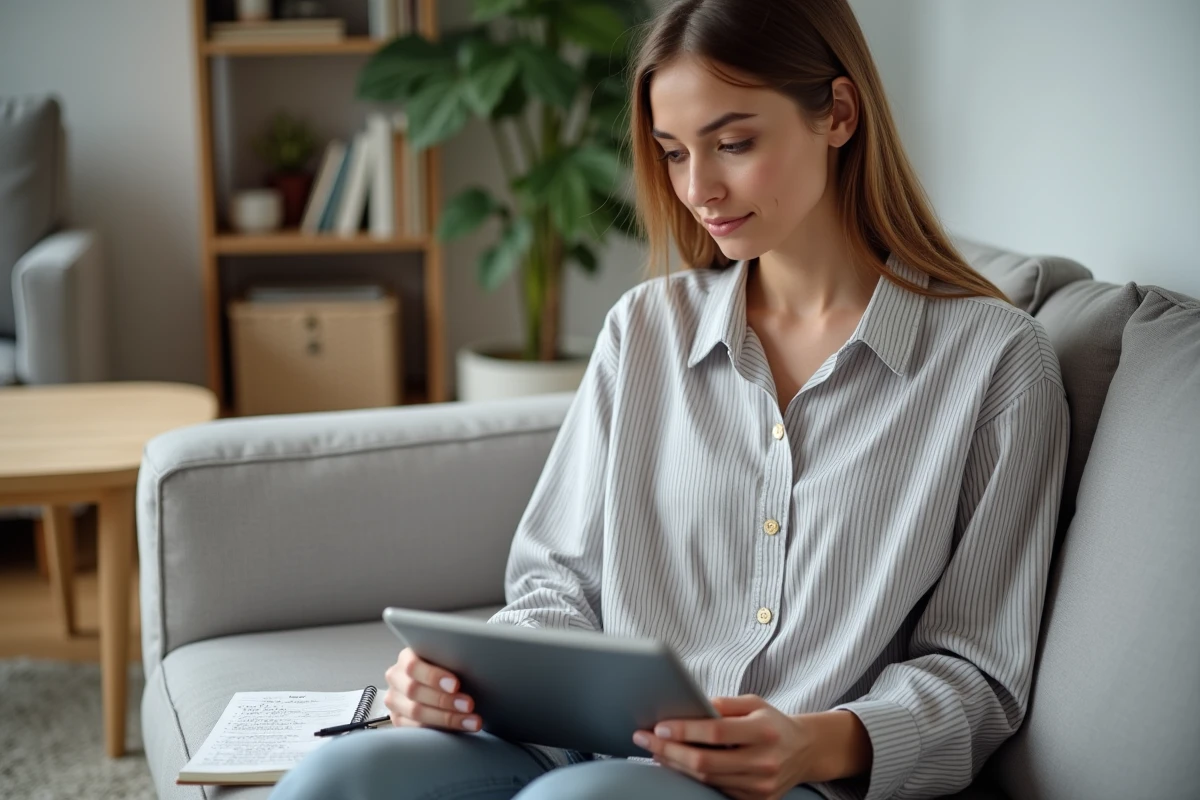 Jeune femme organisant le suivi de plusieurs commandes de vêtements sur tablette depuis son salon