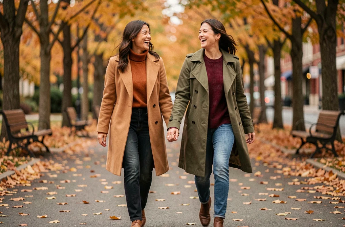 Deux femmes en manteau camel et trench vert olive marchant en automne, palette de couleurs harmonieuses pour s'habiller avec audace