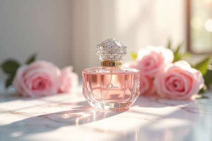 Flacon de parfum Dior étincelant avec capuchon en diamants sur marbre blanc