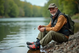 Pêcheur d'âge moyen assis sur la rive avec des sabots colorés