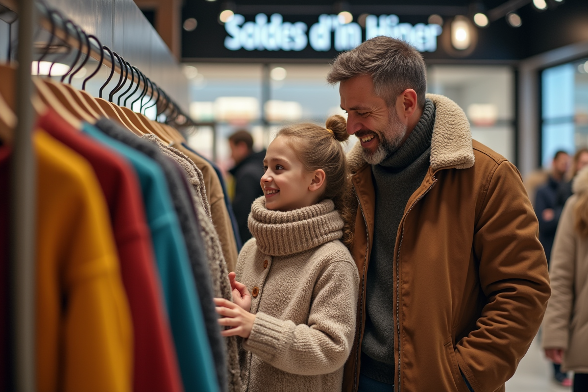 Pere et fille regardant des pulls en magasin hiver