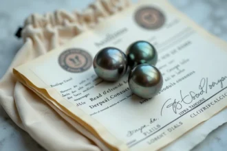 Perles de Tahiti certifiées posées sur un certificat d'authenticité officiel avec sceaux visibles, photographie macro sur marbre blanc