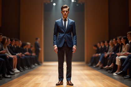 Le plus petit mannequin homme en costume bleu marine sur un podium
