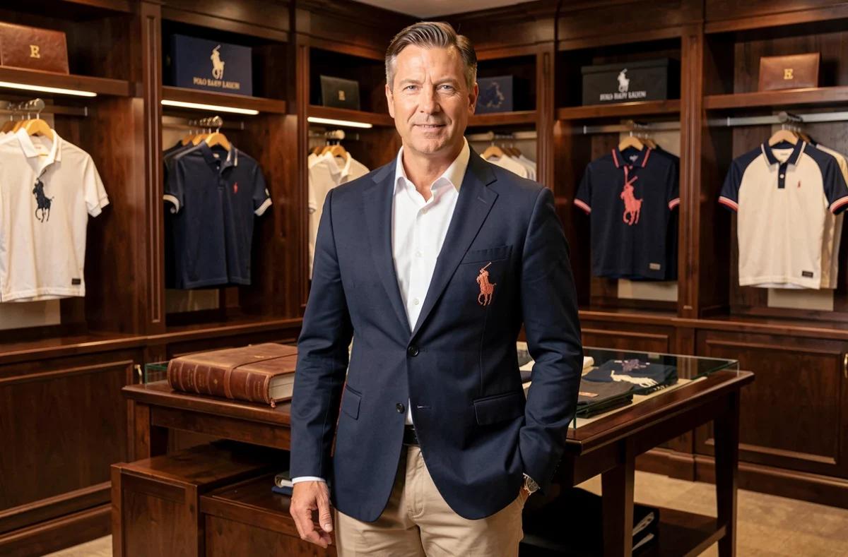 Un homme élégant en blazer Polo Ralph Lauren à l'intérieur de la boutique Ralph Lauren