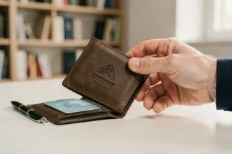 Portefeuille en cuir personnalisé avec logo d'entreprise gravé, posé ouvert sur un bureau professionnel
