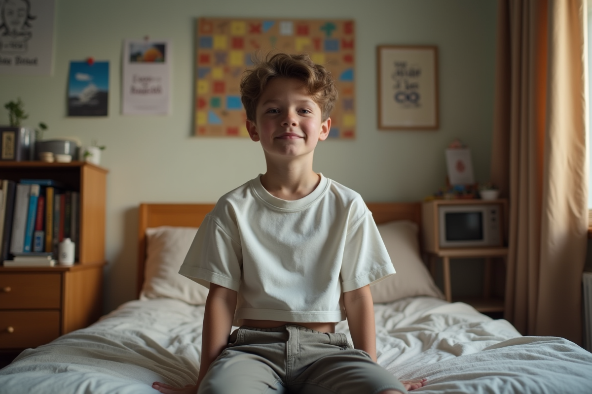 Jeune garçon assis dans sa chambre avec livres et posters