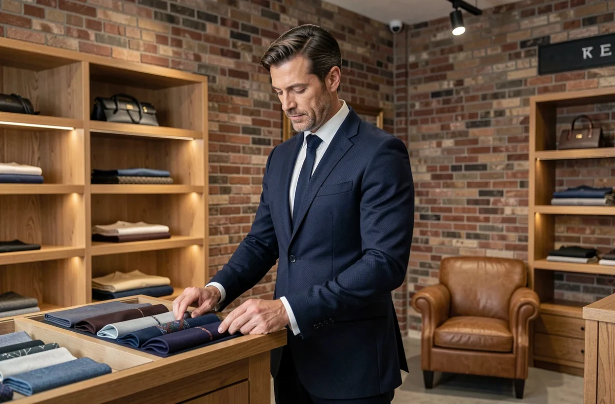 Un homme en costume marine dans la boutique Repaire d'Homme, magasin de costumes masculins