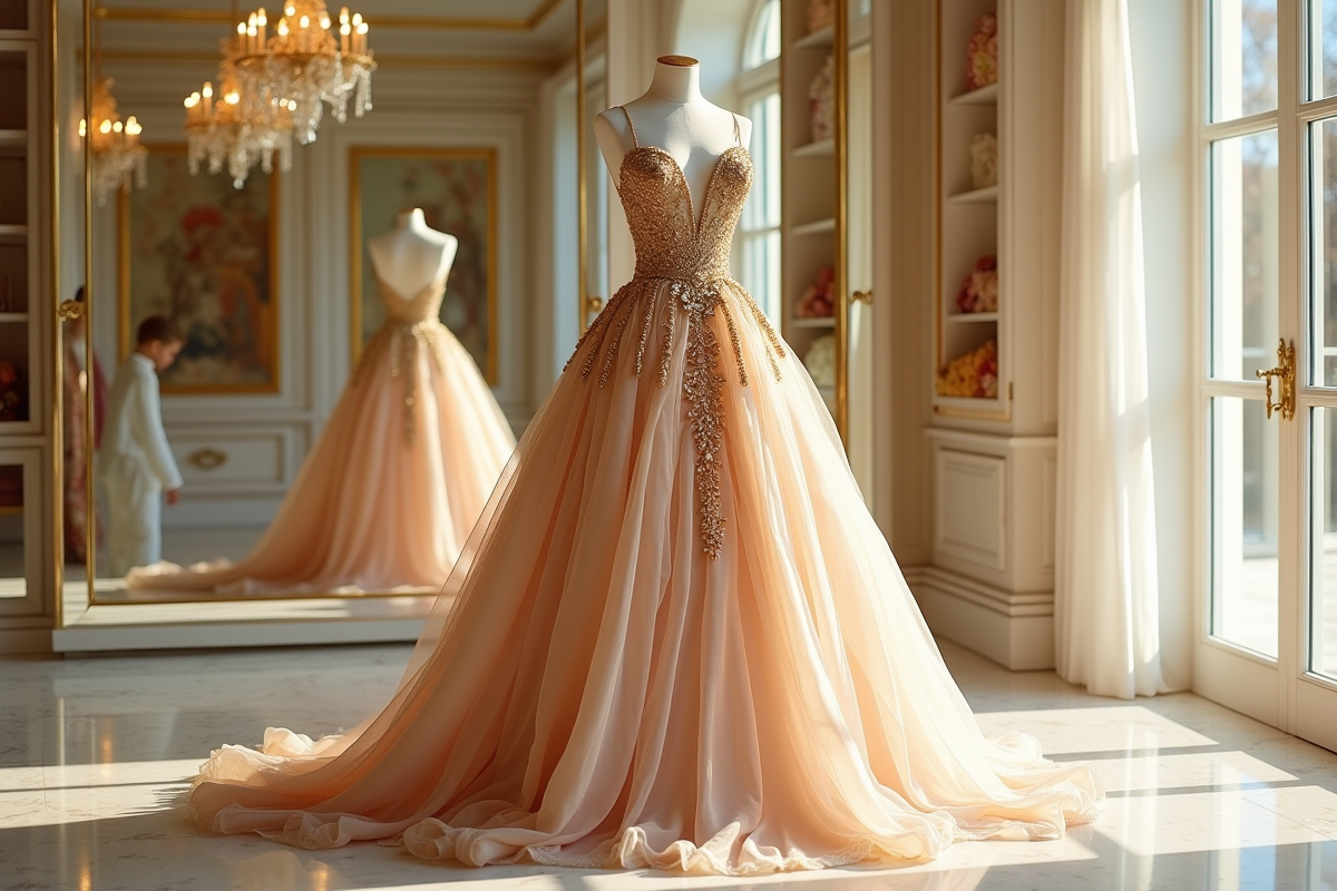 Robe haute couture Dior en soie dorée dans une boutique lumineuse