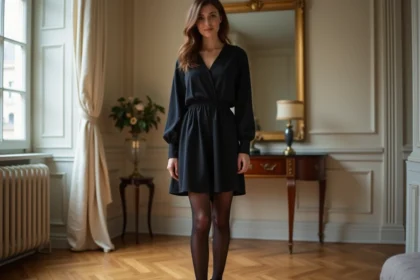 Femme en robe noire courte avec collant noir opaque et escarpins pour une tenue de soirée élégante
