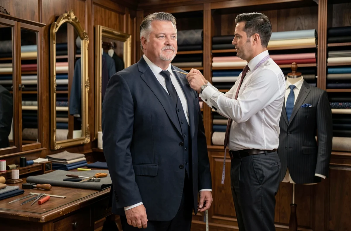 Un homme fort en cours d'essayage sur mesure dans l'atelier Sartore Tailoring à Bordeaux