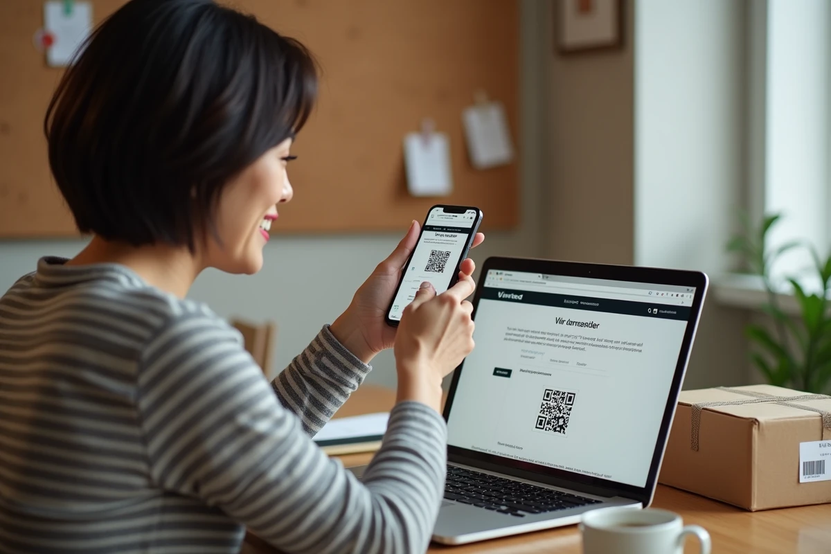 Femme scannant le QR code Vinted sur son téléphone devant un ordinateur portable avec un colis prêt à expédier