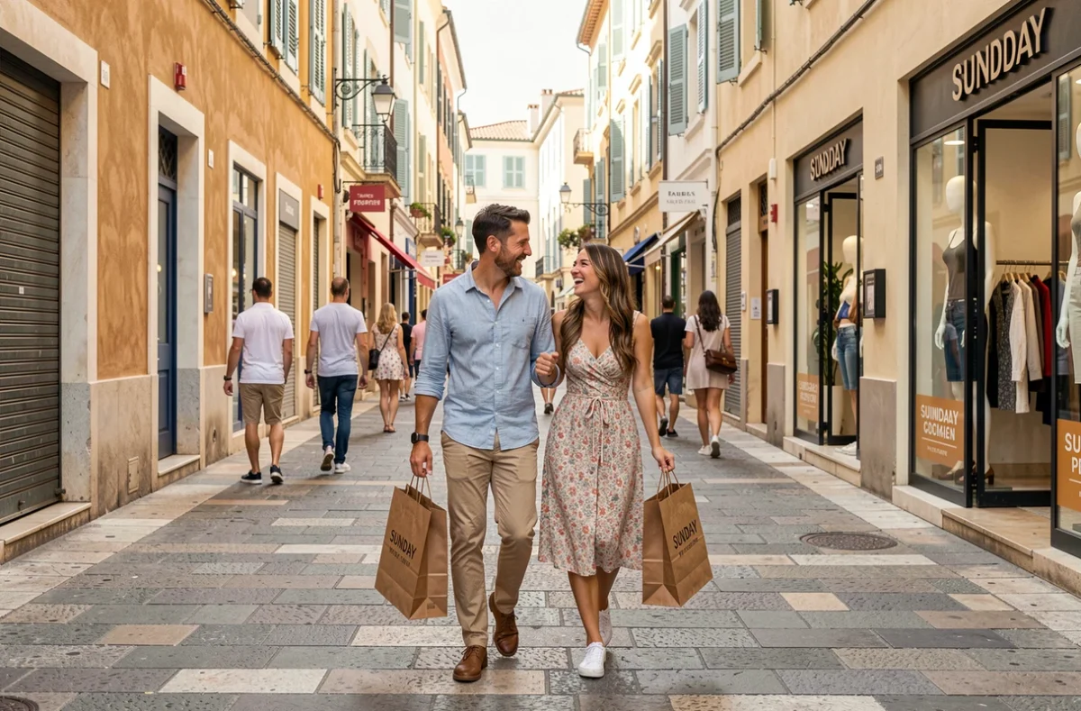 Couple faisant du shopping dans une rue commerçante de Marseille ouverte le dimanche