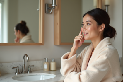 Femme en peignoir beige appliquant soin visage