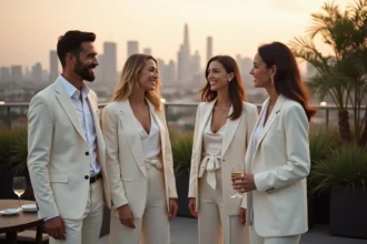 Groupe de jeunes adultes élégants lors d'une soirée sur un rooftop urbain