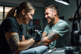 Artiste tatoueur dans un studio moderne tatouant un bras