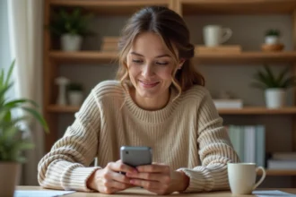 Femme consultant le suivi de sa commande vestimentaire sur smartphone depuis un bureau à domicile