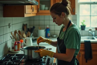 Femme réalisant une teinture noire sur tissu dans une cuisine, remuant le bain de teinture avec des gants de protection