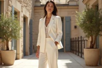 Femme élégante en costume blanc en lin coupe large sur une terrasse parisienne en pierre, tenue chic estivale
