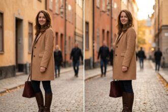 Femme en manteau camel, jean slim et bottes en cuir marron dans une rue pavée en automne, tenue hivernale féminine équilibrée